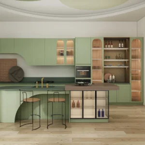 Curved Island and Sage Green Cabinets Design