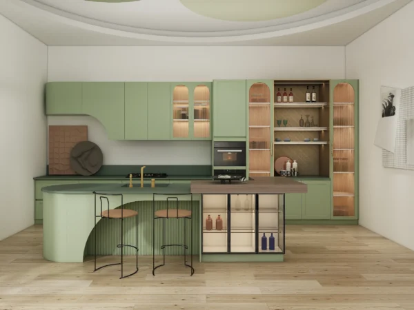 Curved Island and Sage Green Cabinets Design