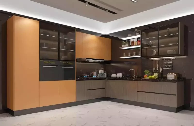 A kitchen with Melamine Cabinets, featuring a modern design with brown and dark - toned cabinets.