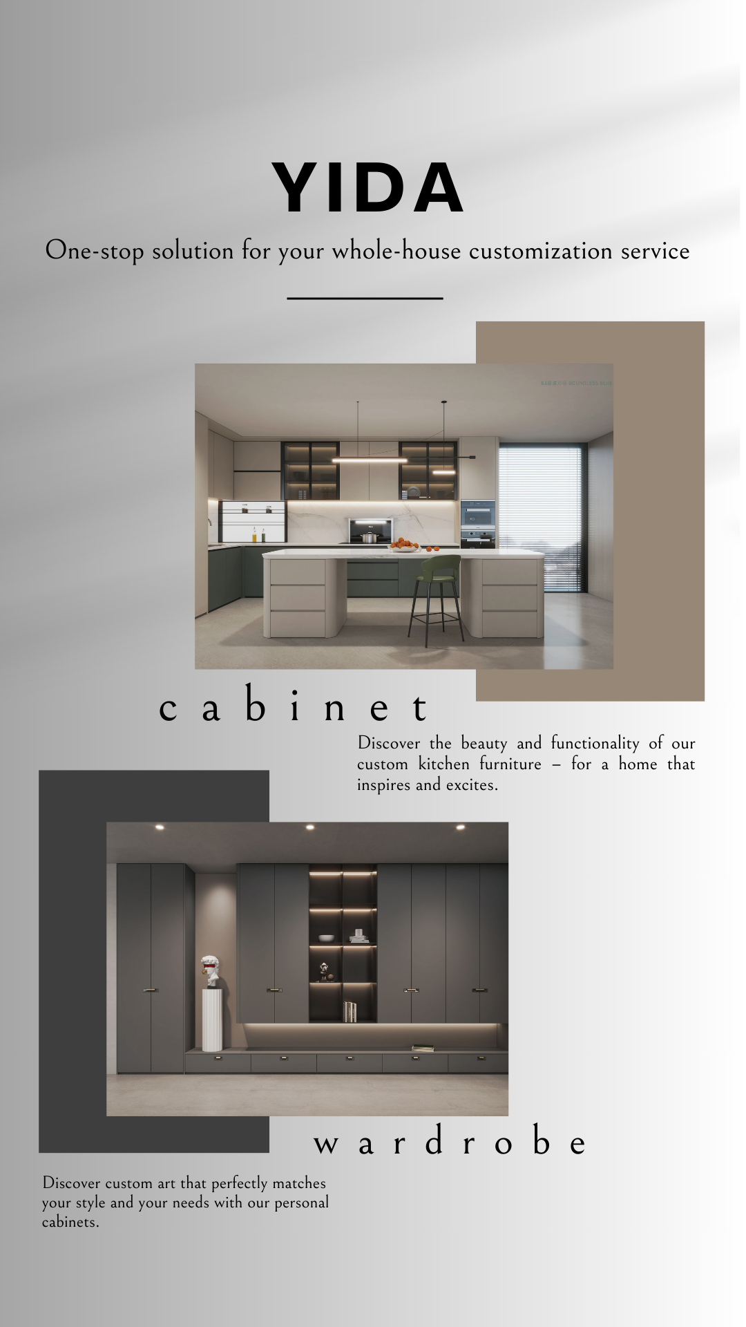 A promotional poster of a grey minimalist custom cabinet is produced by YIDA Kitchen