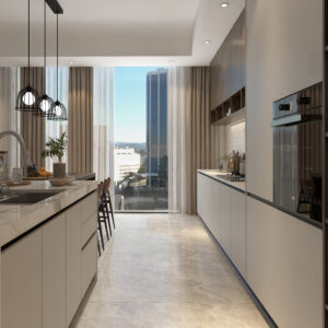 Modern kitchen in a UAE apartment project by YIDA Home, showcasing sleek cabinetry and a view of the city