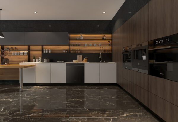 Modern Kitchen Cabinets with Dark Wood PVC Accents