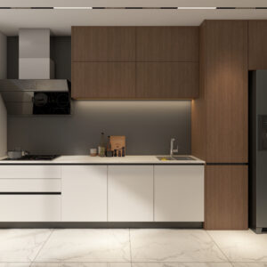 Modern U-Shaped Cream Colored Laminate Kitchen Cabinets