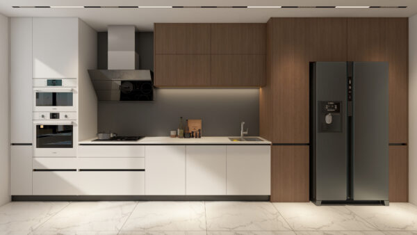 Modern U-Shaped Cream Colored Laminate Kitchen Cabinets
