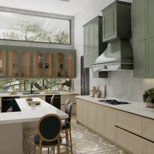 Elegant Green and Beige Kitchen by American Cabinet Refacing