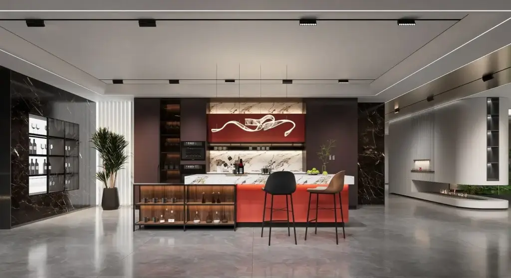 Modern kitchen with custom - designed cabinets, central island and stools