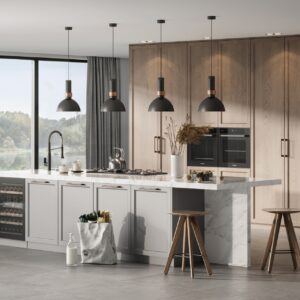 Sleek Blue Grey Kitchen Cabinets with Marble Accents