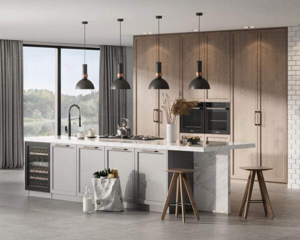 Sleek Blue Grey Kitchen Cabinets with Marble Accents