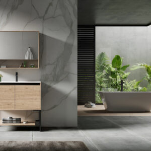 Curved Front Plywood Bathroom Cabinets in Textured Sandstone Finish