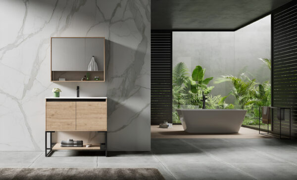 Curved Front Plywood Bathroom Cabinets in Textured Sandstone Finish
