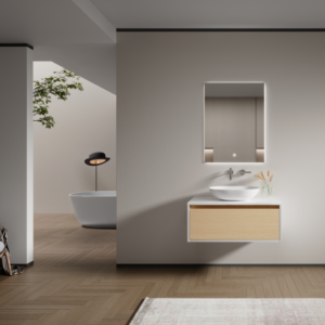 Beveled Edge Wood Veneer Bathroom Vanity in Modern Gallery Style