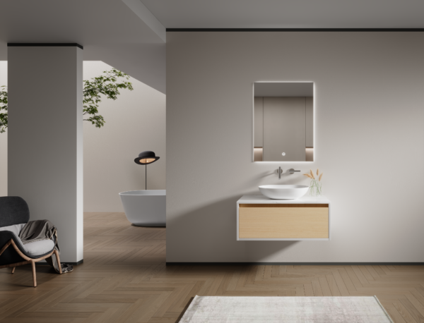 Beveled Edge Wood Veneer Bathroom Vanity in Modern Gallery Style