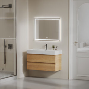 Compact Corner Floating Vanity in High-Gloss Black Melamine