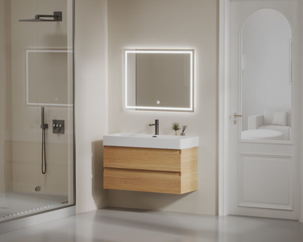 Compact Corner Floating Vanity in High-Gloss Black Melamine