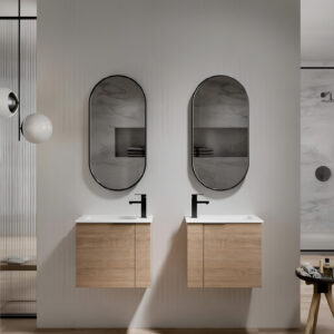 Soft-Close White Lacquer Floating Cabinets with Integrated Towel Rails
