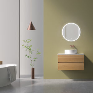 Dual-Tone Floating Vanity: Natural Oak Veneer + Matte Black Melamine
