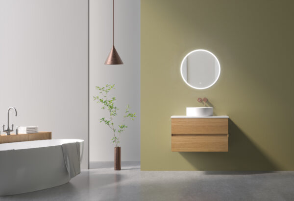 Dual-Tone Floating Vanity: Natural Oak Veneer + Matte Black Melamine