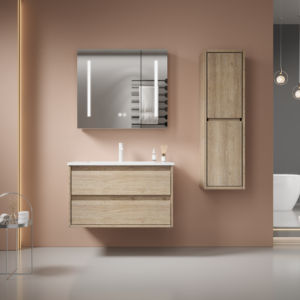Oatmeal Linen-Textured Plywood Bathroom Cabinets for Neutral Decor