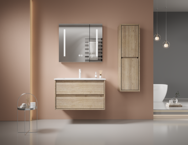 Oatmeal Linen-Textured Plywood Bathroom Cabinets for Neutral Decor