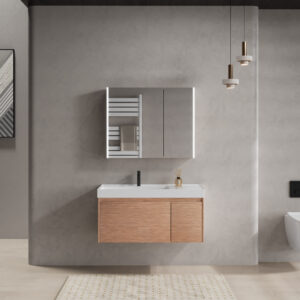 Eco-Friendly Bamboo Veneer Floating Cabinets in Textured Weave Design