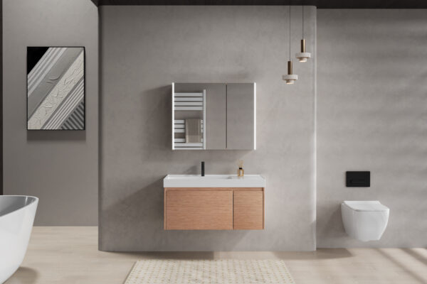Eco-Friendly Bamboo Veneer Floating Cabinets in Textured Weave Design