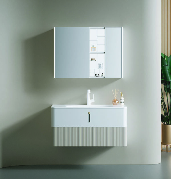 Gender-Neutral Gray Wash Plywood Vanity in Modern Farmhouse Style