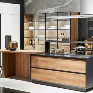 Open Wood Grain Kitchen Cabinet with Island - Natural Melamine & Glass Design
