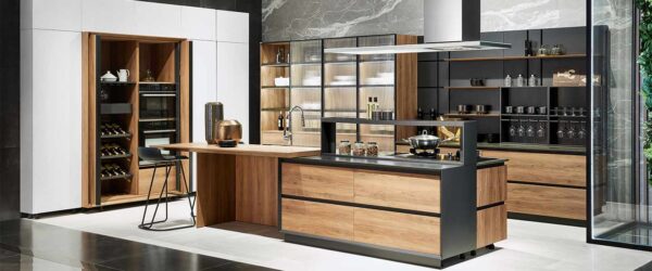 Open Wood Grain Kitchen Cabinet with Island - Natural Melamine & Glass Design