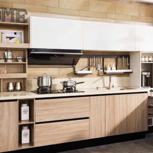 Modern Straight-Line Melamine Kitchen Cabinet - White & Wood Grain Design