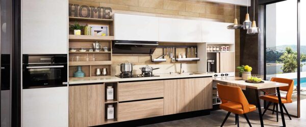 Modern Straight-Line Melamine Kitchen Cabinet - White & Wood Grain Design