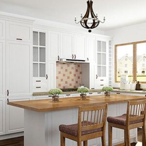 Transitional White L-Shaped Kitchen Cabinet with Island