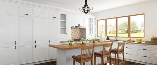 Transitional White L-Shaped Kitchen Cabinet with Island
