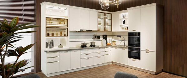 Modern Simple European Style White Kitchen Cabinet - Gold Handle Design