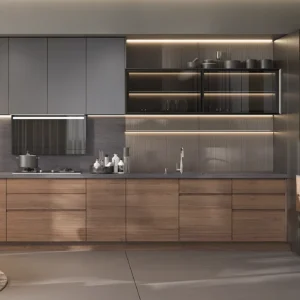 Modern German-Style Walnut Veneer Kitchen Cabinet - Grey Lacquer & Glass Design