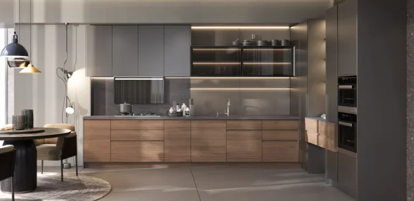 Modern German-Style Walnut Veneer Kitchen Cabinet - Grey Lacquer & Glass Design