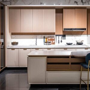 Modern L-Shaped Kitchen Cabinet with Island - Walnut & Matte White Design
