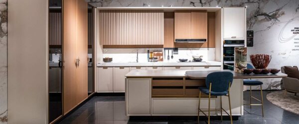 Modern L-Shaped Kitchen Cabinet with Island - Walnut & Matte White Design