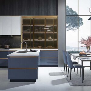 Modern White UV Lacquer Kitchen Cabinet - Gold Trim & Starry Jade Design