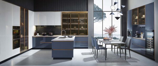 Modern White UV Lacquer Kitchen Cabinet - Gold Trim & Starry Jade Design