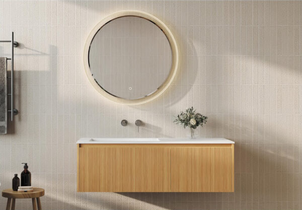 Seagrass-Imprinted Plywood Vanity for Coastal Modern Bathrooms