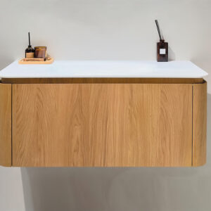Weathered Teak Veneer Floating Cabinets with Rustic-Chic Appeal