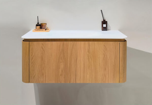 Weathered Teak Veneer Floating Cabinets with Rustic-Chic Appeal