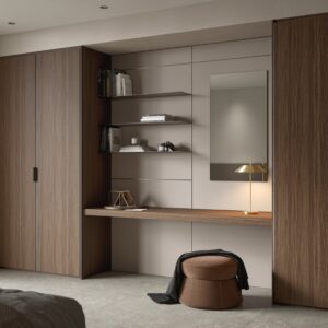 Sleek Gray Lacquer Walk-in Closet with Velvet Drawer Inserts