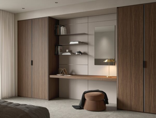 Sleek Gray Lacquer Walk-in Closet with Velvet Drawer Inserts