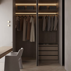 High-Gloss White Walk-in Wardrobe with Customizable Shelving and Velvet Drawers