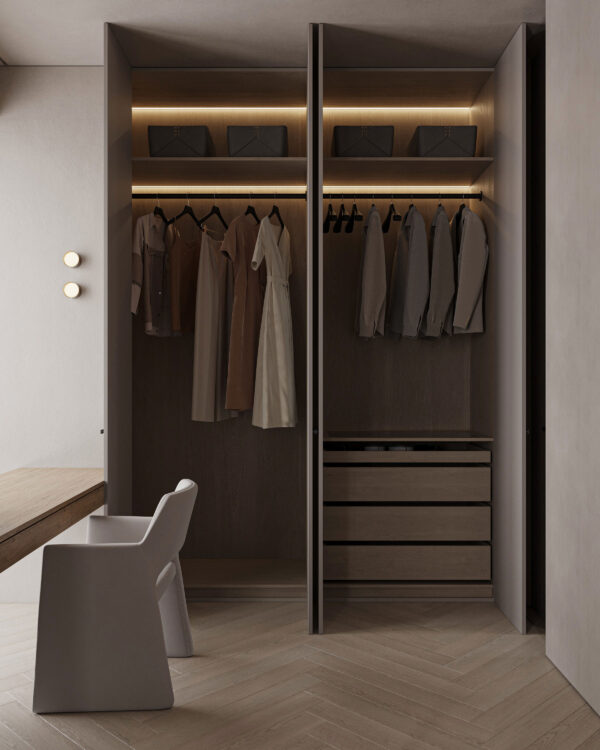 High-Gloss White Walk-in Wardrobe with Customizable Shelving and Velvet Drawers