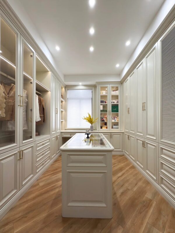 Modern American Walnut Wardrobe with Brass Frame Accents and Frosted Glass Inserts