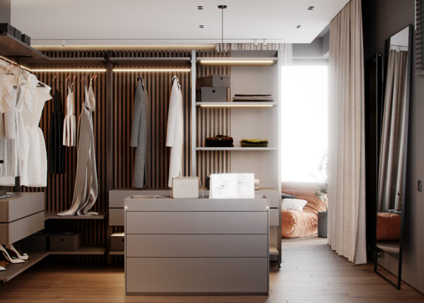 Contemporary Minimalist Closet with Floor-to-Ceiling Matte Cabinets and Hidden Lighting