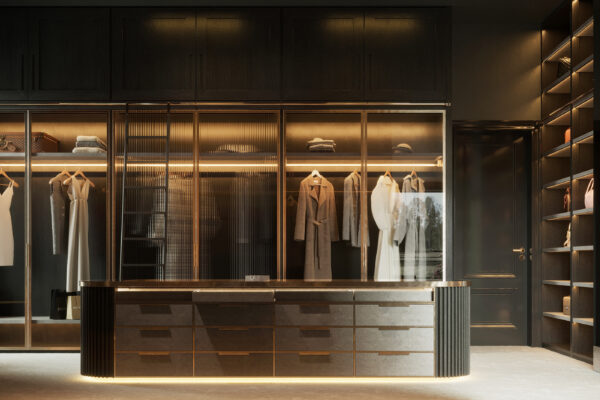 High-Gloss Black Lacquer Closet with LED Strip Lighting and Marble Top Dresser