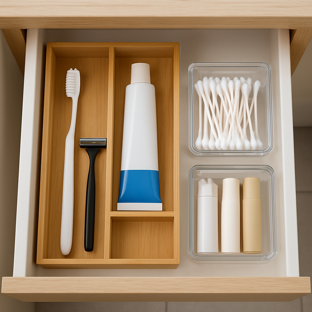A clear, top-down view of an organized bathroom drawer. One side has a bamboo silverware tray holding a toothbrush, toothpaste, and a razor. The other side has two small, clear acrylic bins, one holding cotton swabs and the other holding lip balms